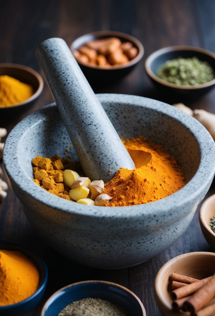 A mortar and pestle grind together turmeric, ginger, and cinnamon, surrounded by small bowls of additional spices and herbs