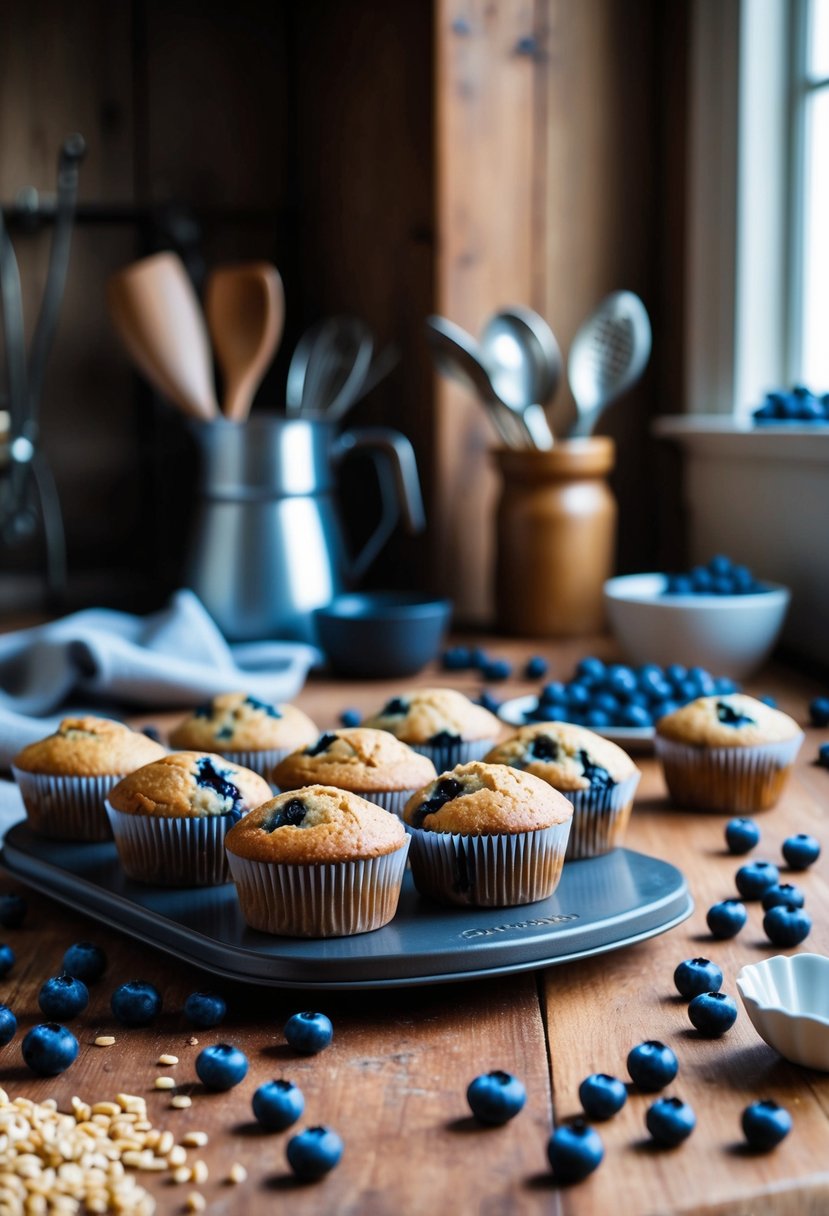 A rustic bakery kitchen with a tray of whole wheat blueberry muffins cooling on a wooden countertop, surrounded by scattered blueberries and baking utensils