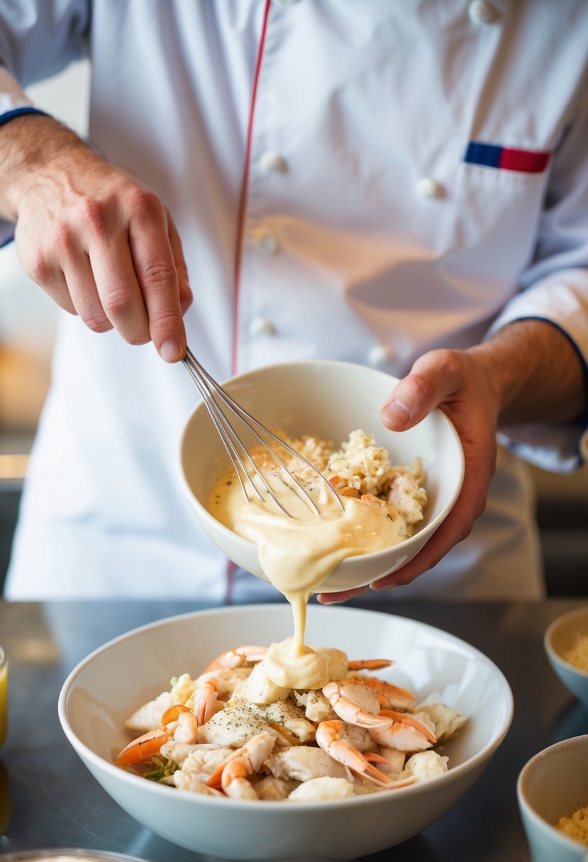 A chef mixing fake crabmeat with mayonnaise and seasoning in a bowl