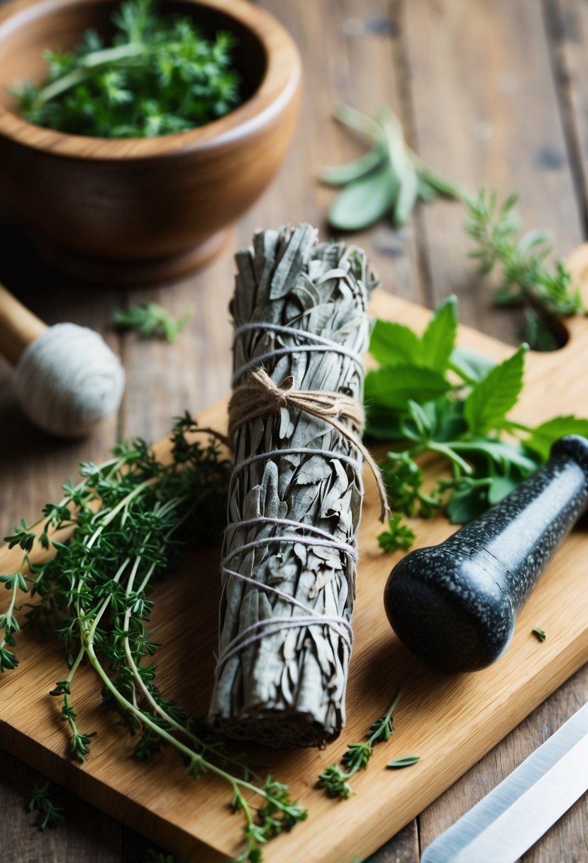 A smudge stick of sage, bound with twine, rests on a wooden cutting board surrounded by fresh herbs and a mortar and pestle