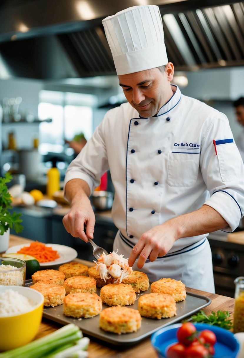 A chef preparing crab cakes with fake crabmeat in a bustling kitchen, surrounded by ingredients and cooking utensils