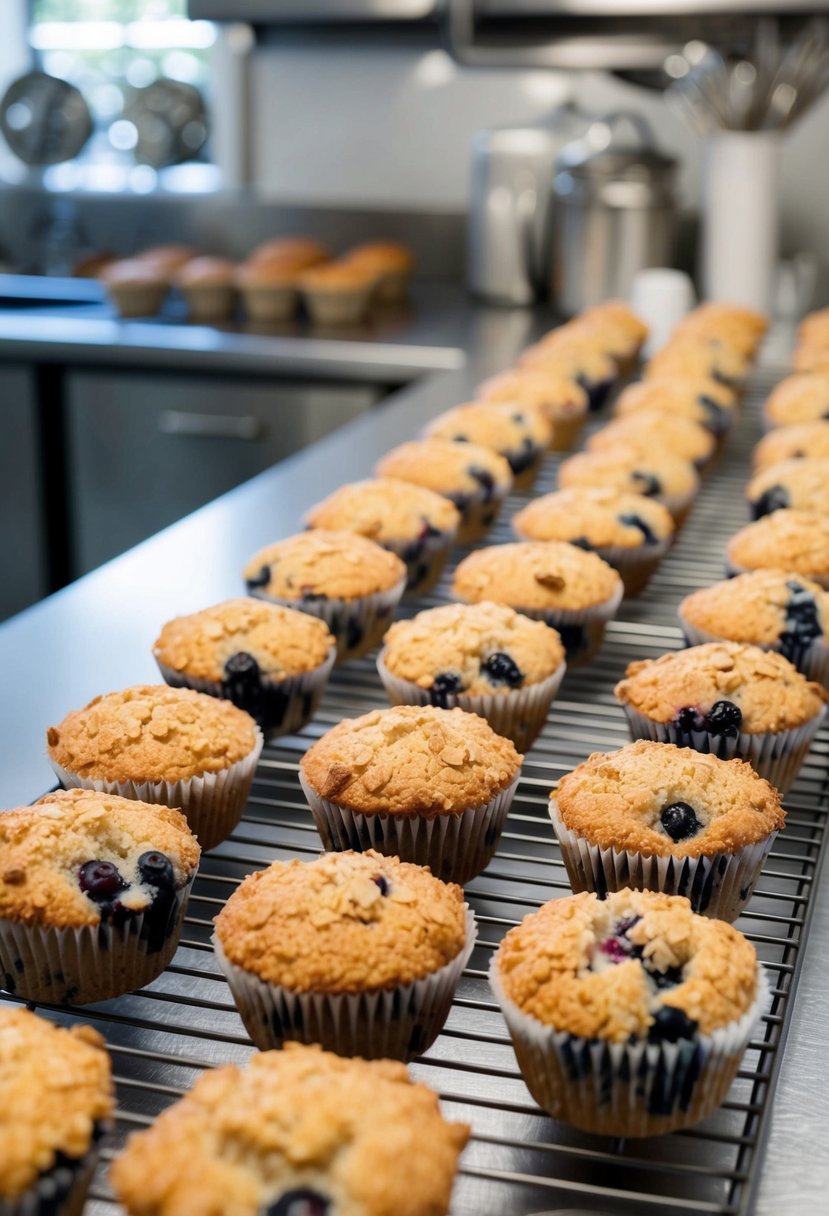 A bakery kitchen with a counter lined with freshly baked blueberry almond streusel muffins cooling on wire racks