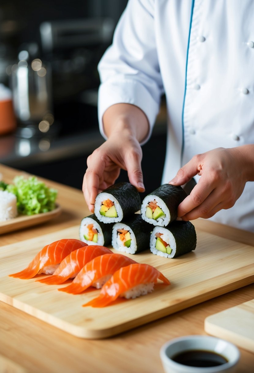 A sushi chef assembling imitation crabmeat sushi rolls with rice and nori seaweed