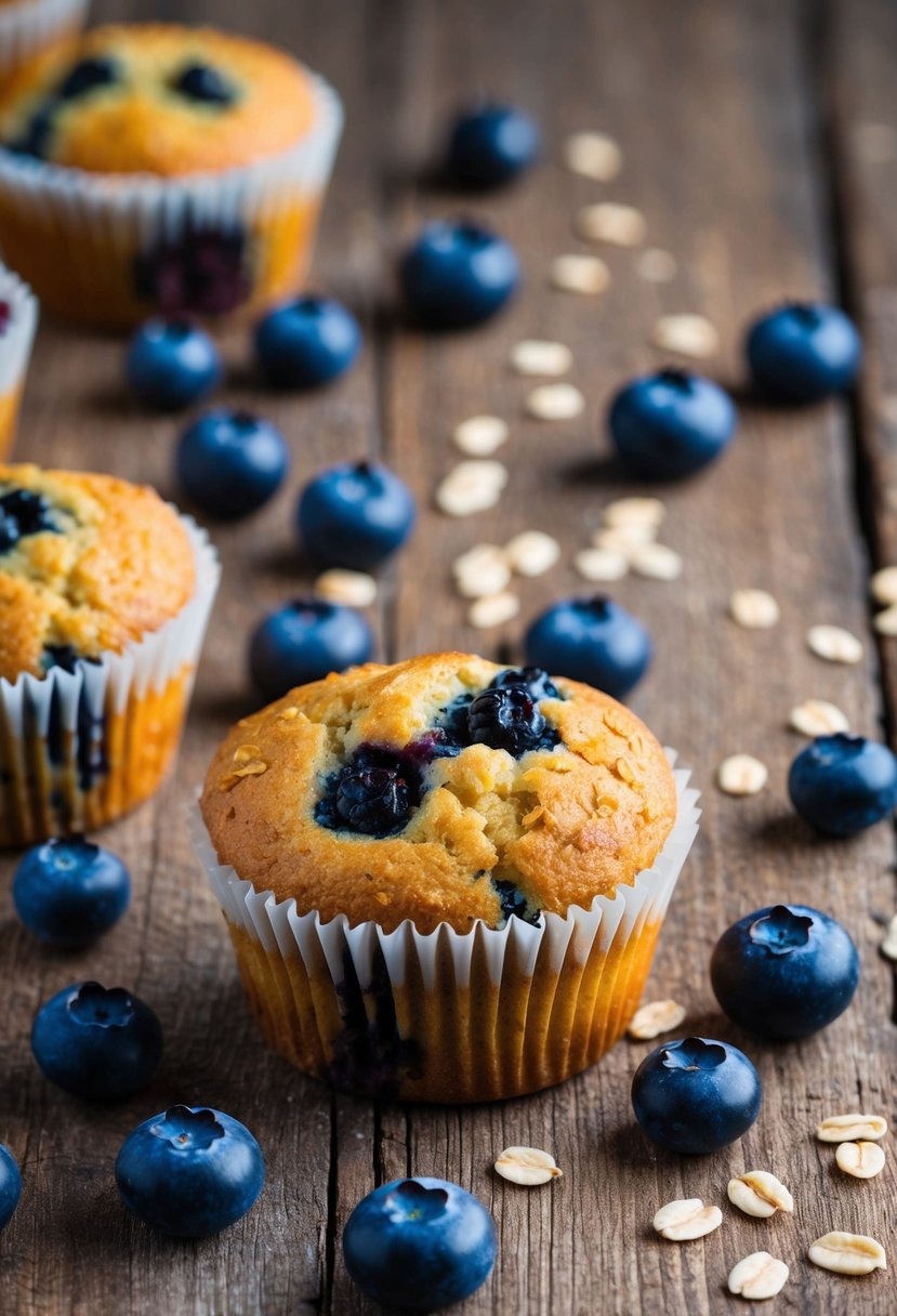 A golden-brown gluten-free blueberry oatmeal muffin sits on a rustic wooden table, surrounded by fresh blueberries and a scattering of oats