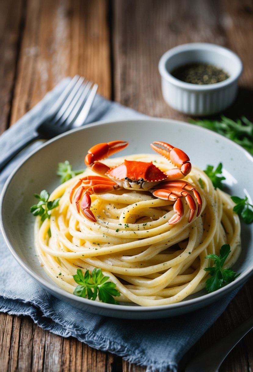 A steaming plate of creamy pasta with fake crab sits on a rustic wooden table, garnished with fresh herbs and a sprinkle of black pepper