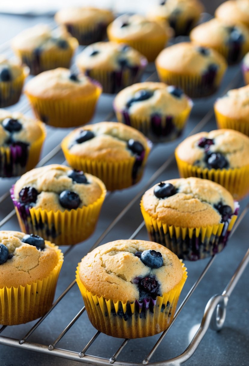 A table filled with freshly baked vegan blueberry banana muffins cooling on a wire rack