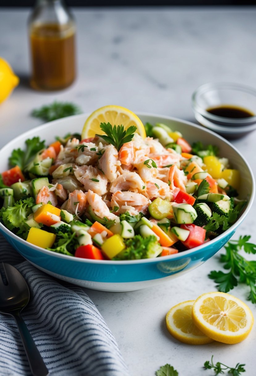 A colorful salad bowl with imitation crab meat, mixed vegetables, and dressing, garnished with fresh herbs and lemon slices