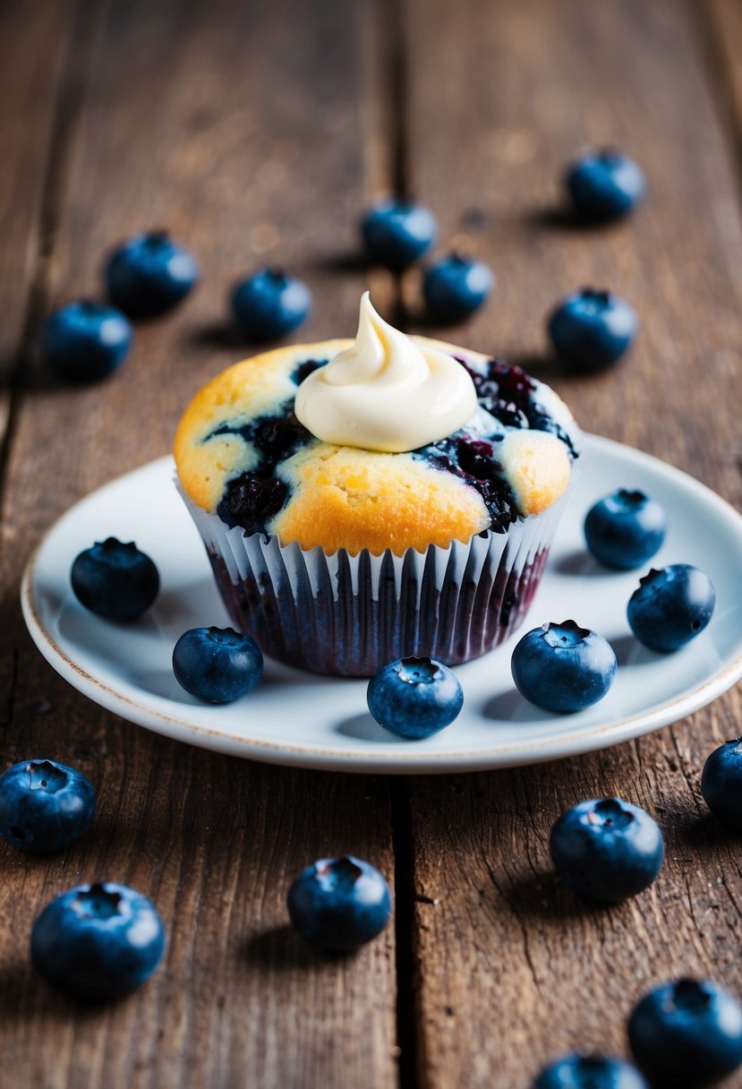 A fresh blueberry cream cheese muffin sits on a rustic wooden table, surrounded by scattered blueberries and a dollop of cream cheese