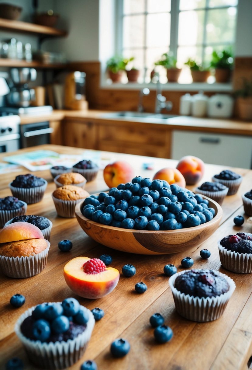 A rustic bakery kitchen with a wooden table covered in fresh blueberries and peaches, surrounded by scattered muffin recipes