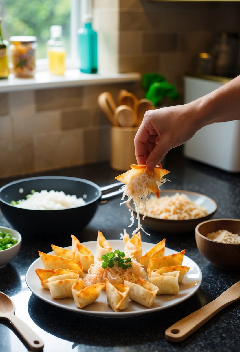 A platter of faux crabmeat Rangoon being prepared in a kitchen. Ingredients and utensils are laid out on a countertop