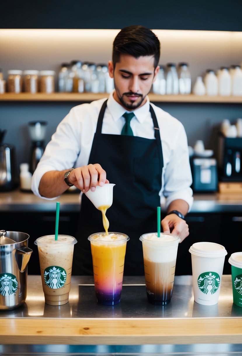 A barista prepares colorful non-coffee drinks at a Starbucks counter, surrounded by various ingredients and equipment