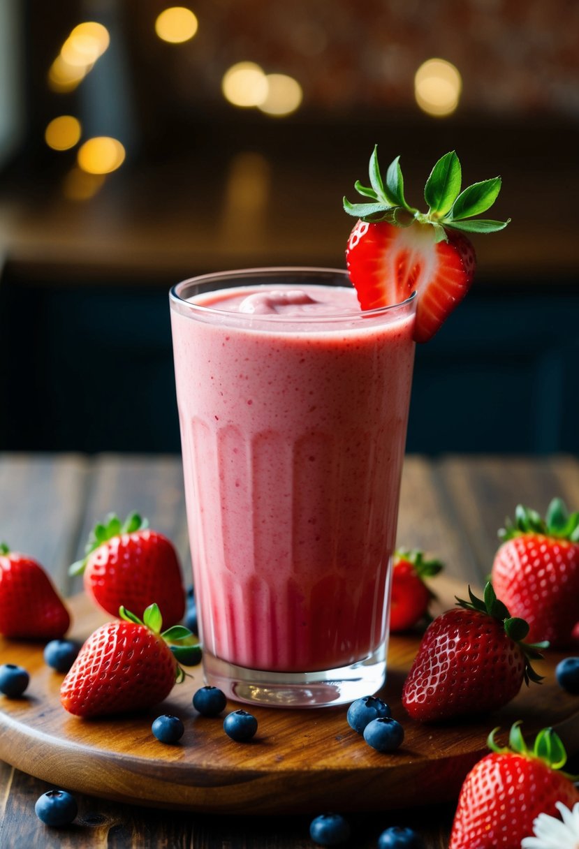 A vibrant glass of Strawberry Açaí Refresher surrounded by fresh strawberries and açaí berries on a wooden table