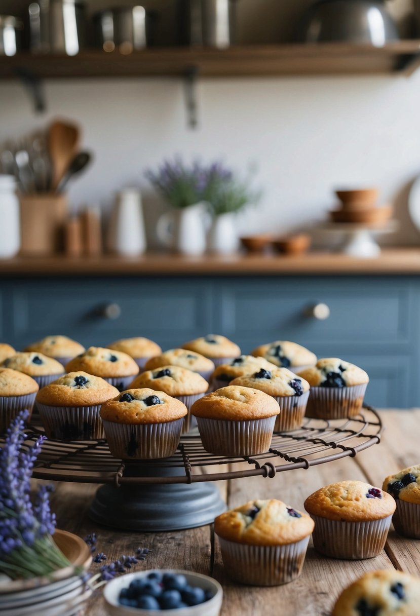 A rustic bakery kitchen filled with the aroma of lavender and blueberry muffins cooling on wooden racks