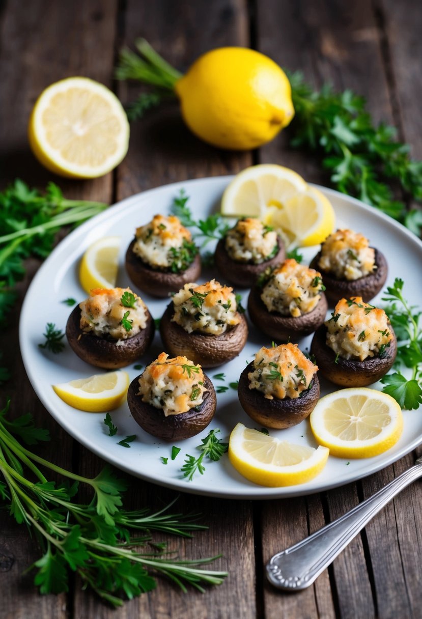 A platter of crabless stuffed mushrooms surrounded by fresh herbs and lemon slices on a rustic wooden table