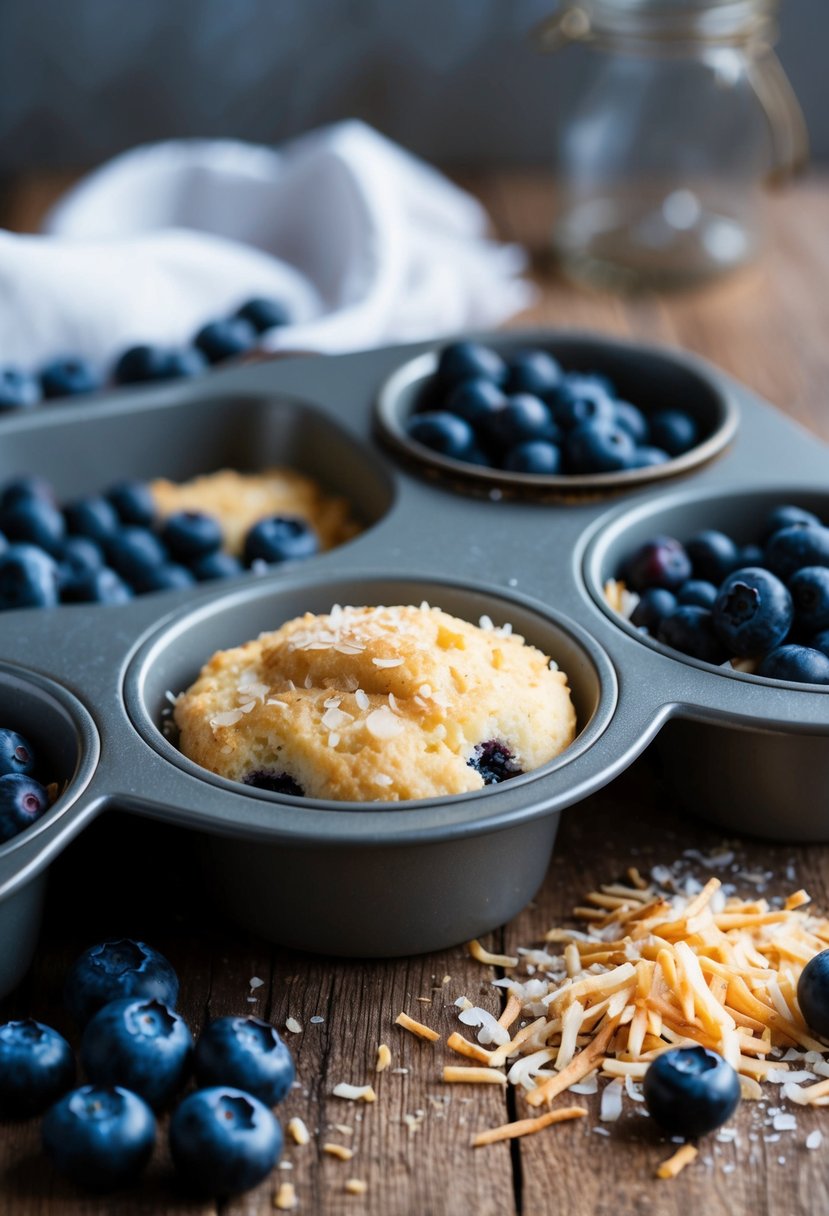 A rustic bakery kitchen with fresh blueberries, shredded coconut, and a muffin tin filled with Paleo blueberry coconut muffin batter