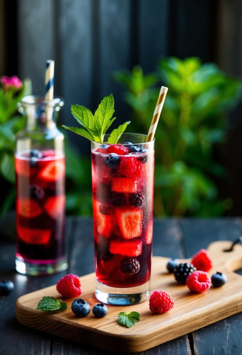 A tall glass of Very Berry Hibiscus Refresher sits on a wooden table, surrounded by fresh berries and a sprig of mint