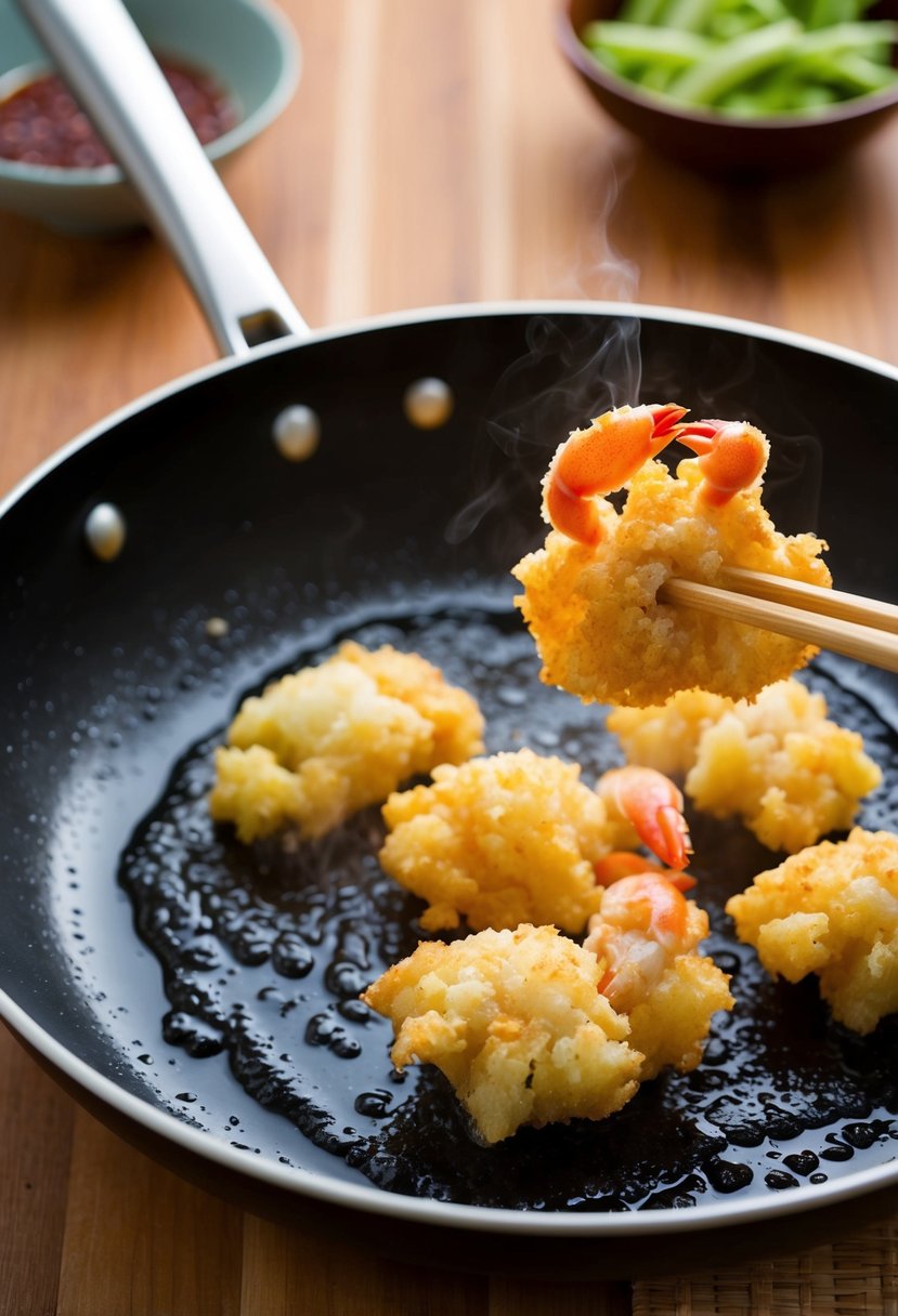 Crispy fake crab tempura being fried in a sizzling hot pan