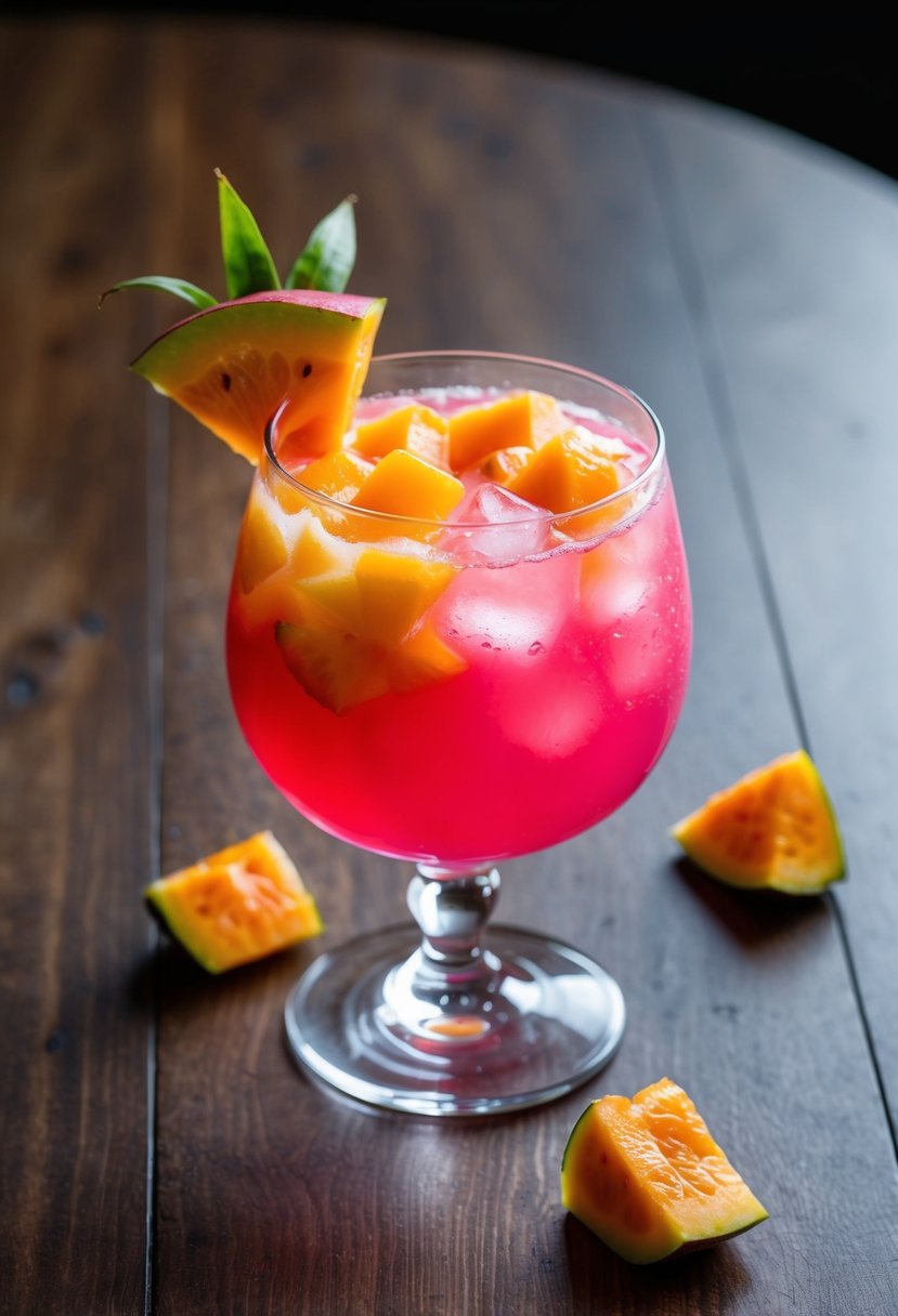 A clear glass filled with a vibrant pink Mango Dragonfruit Refresher, garnished with diced dragonfruit and ice cubes, sitting on a wooden table