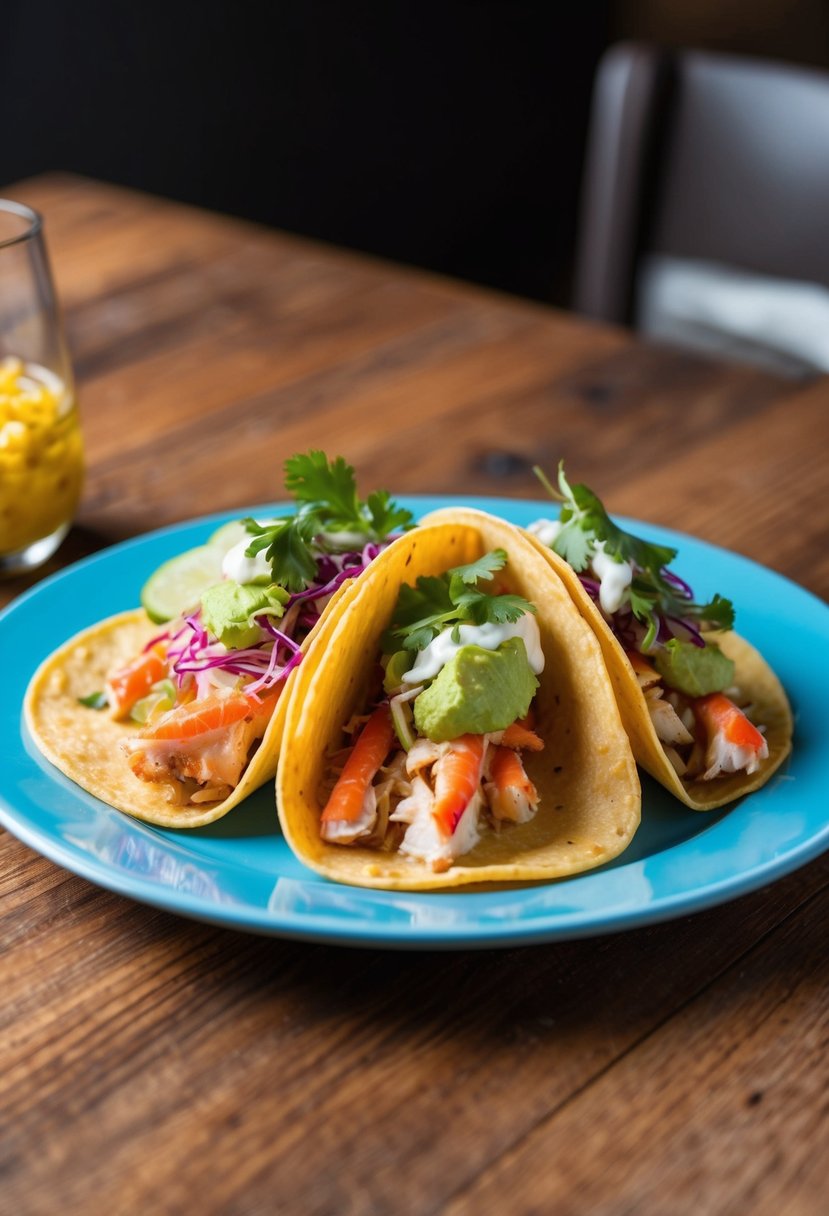 A plate of imitation crabmeat tacos with colorful toppings on a wooden table