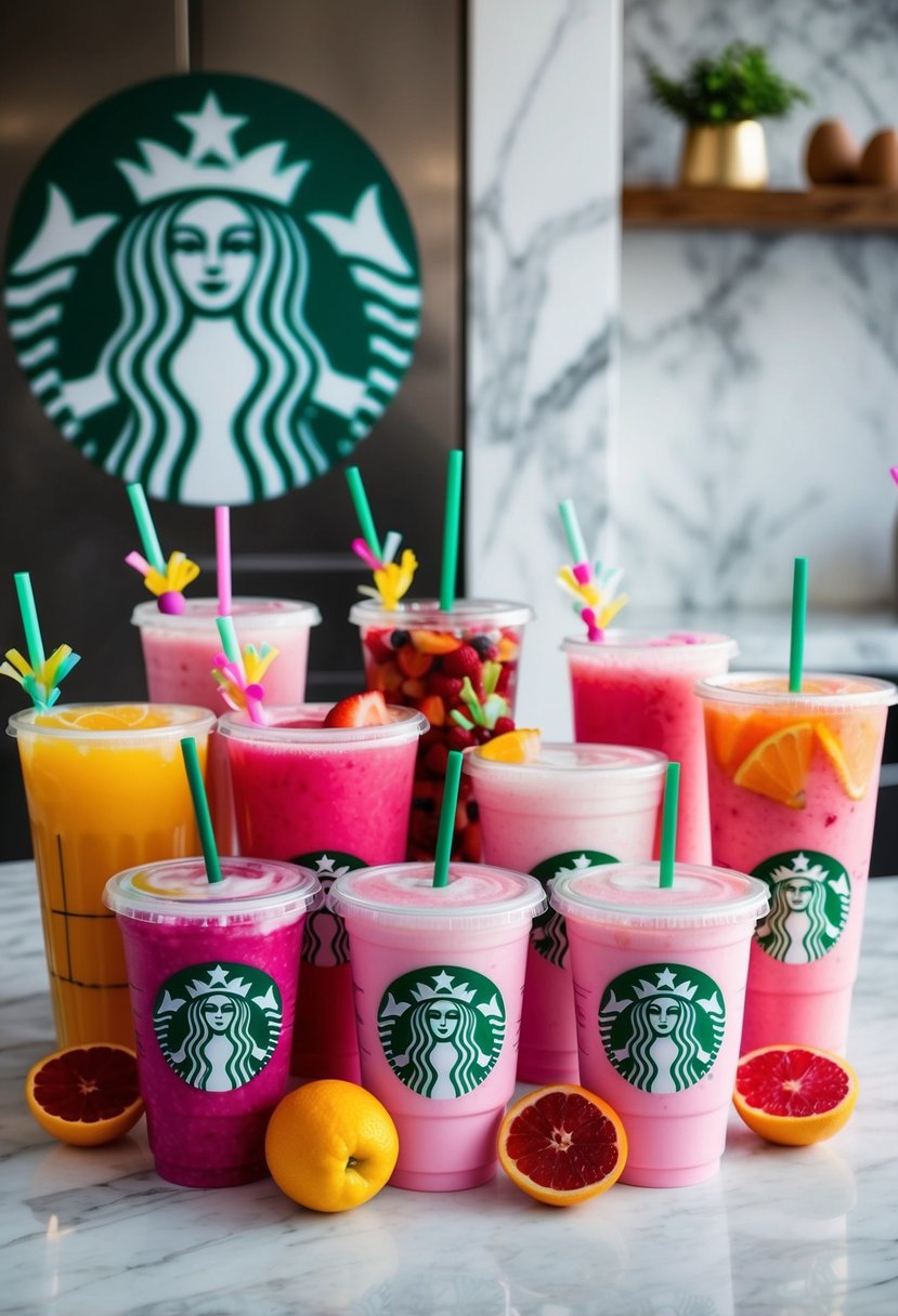 A colorful array of Pink Drink Starbucks beverages arranged on a marble countertop with fresh fruit and decorative straws