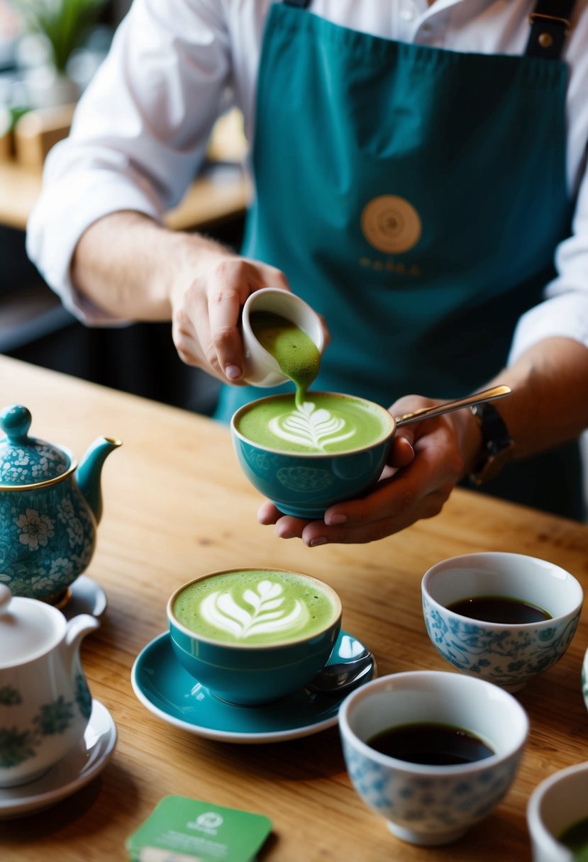 A serene café setting with a barista preparing a vibrant green Matcha Green Tea Latte, surrounded by decorative tea accessories and a cozy ambiance