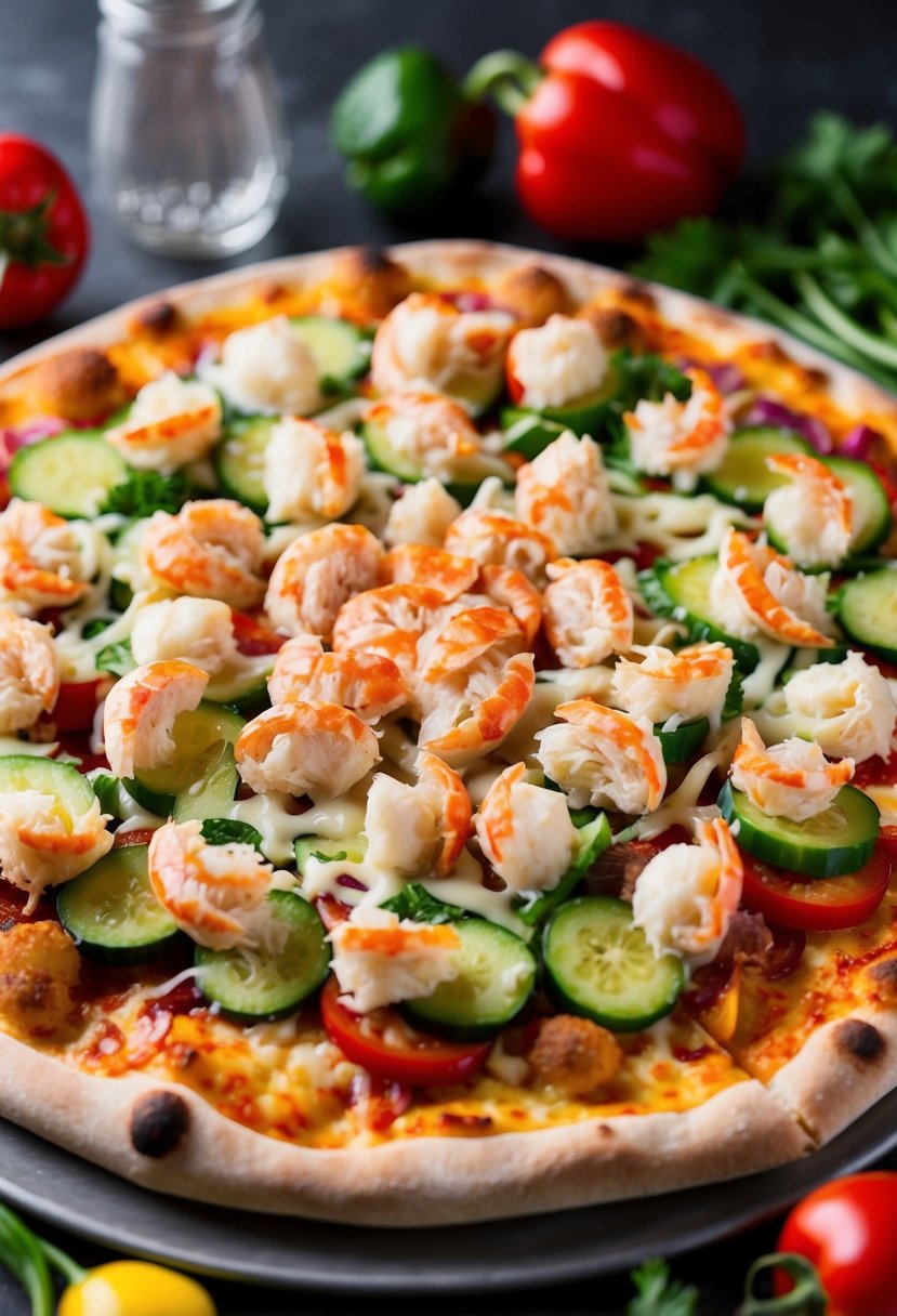 A pizza topped with imitation crabmeat, surrounded by colorful vegetables and melted cheese