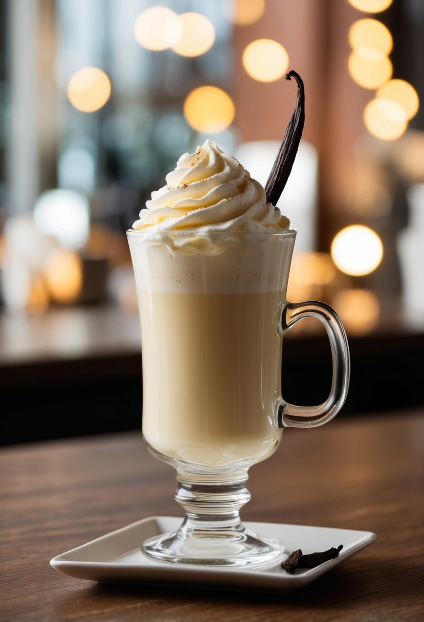 A tall, clear cup filled with a creamy vanilla drink topped with whipped cream and a sprinkle of vanilla bean