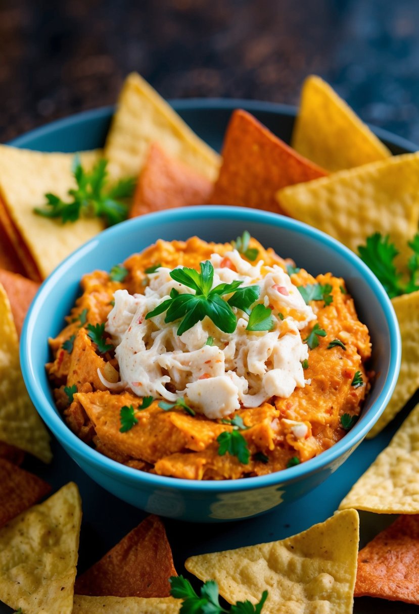 A bowl of spicy fake crab dip surrounded by colorful tortilla chips and garnished with fresh herbs