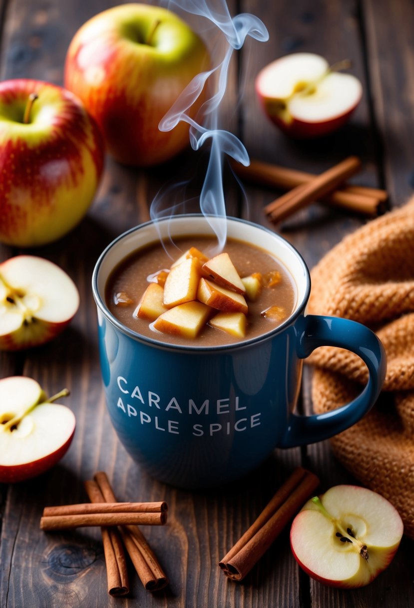 A cozy autumn scene with a steaming mug of Caramel Apple Spice surrounded by cinnamon sticks, apple slices, and a warm scarf