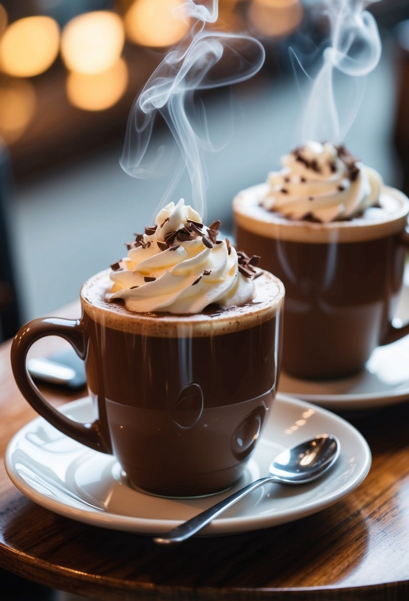 A cozy cafe table with two steaming mugs of hot chocolate, topped with whipped cream and chocolate shavings