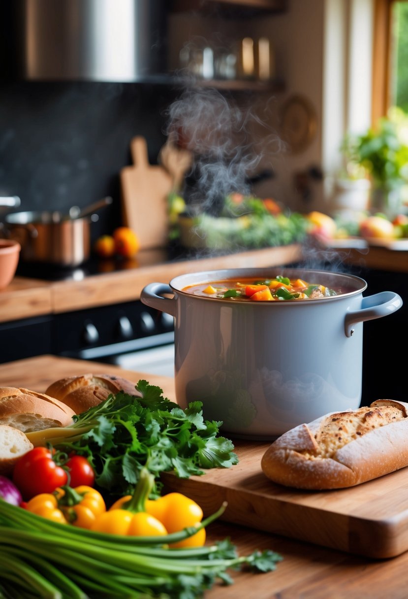 A cozy kitchen with a steaming pot of hearty vegetable stew, a loaf of crusty bread, and a colorful array of fresh produce on a wooden table