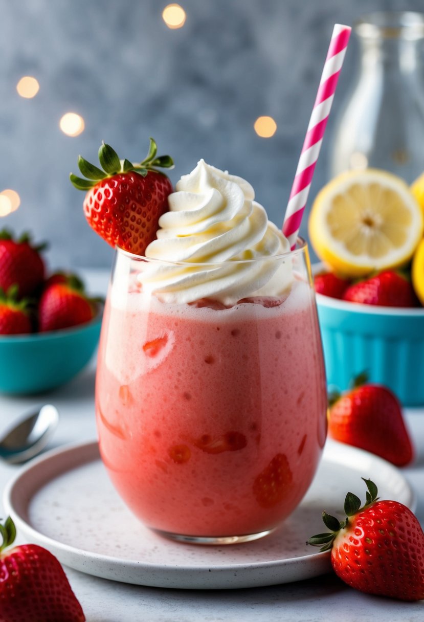 A glass filled with blended strawberry lemonade, topped with whipped cream and a fresh strawberry