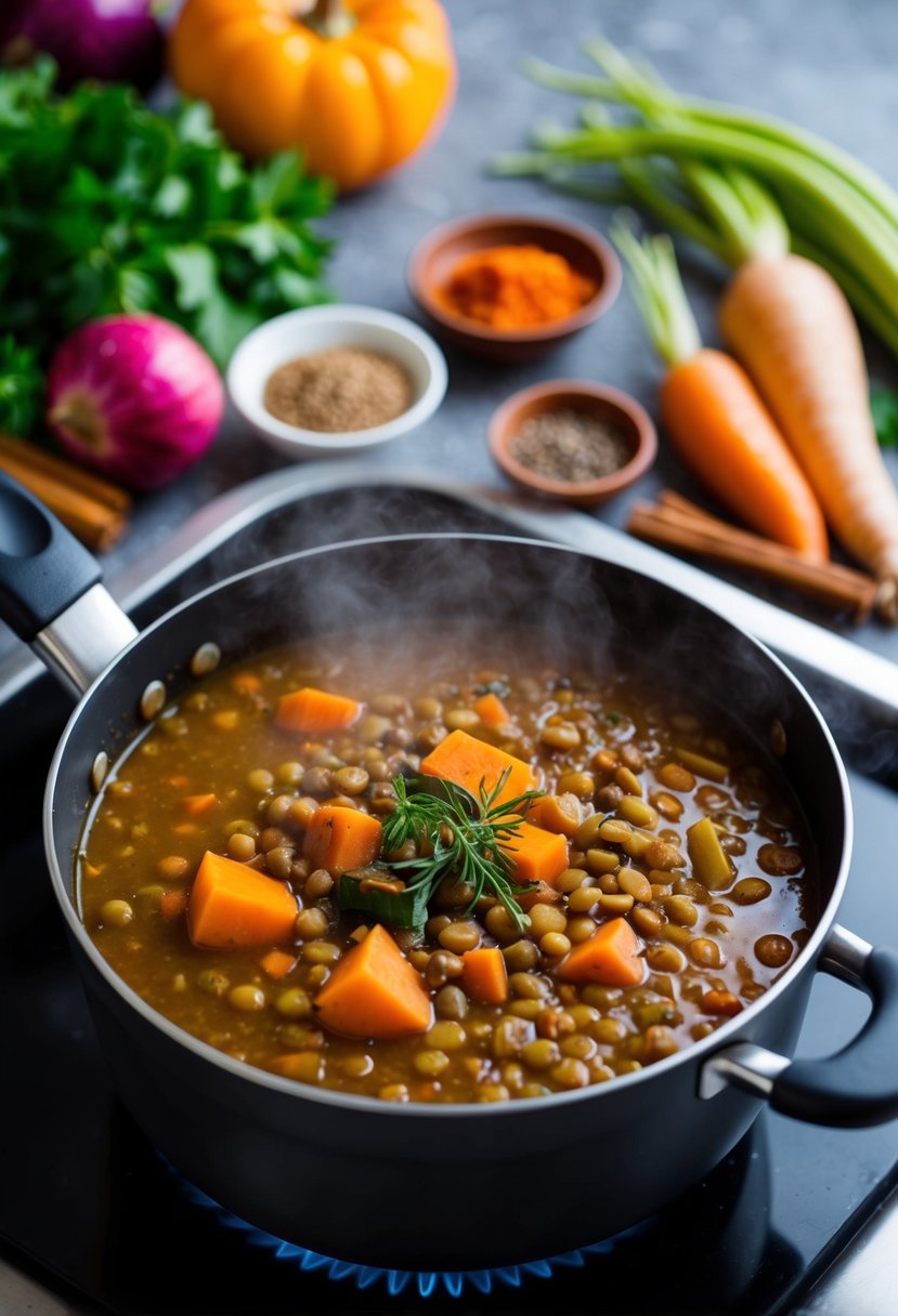 A steaming pot of spiced lentil and root vegetable soup simmering on a stove, surrounded by colorful winter produce and aromatic spices