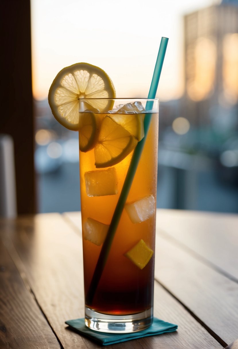 A tall glass filled with iced passion tango tea lemonade, garnished with a slice of lemon and served on a wooden table