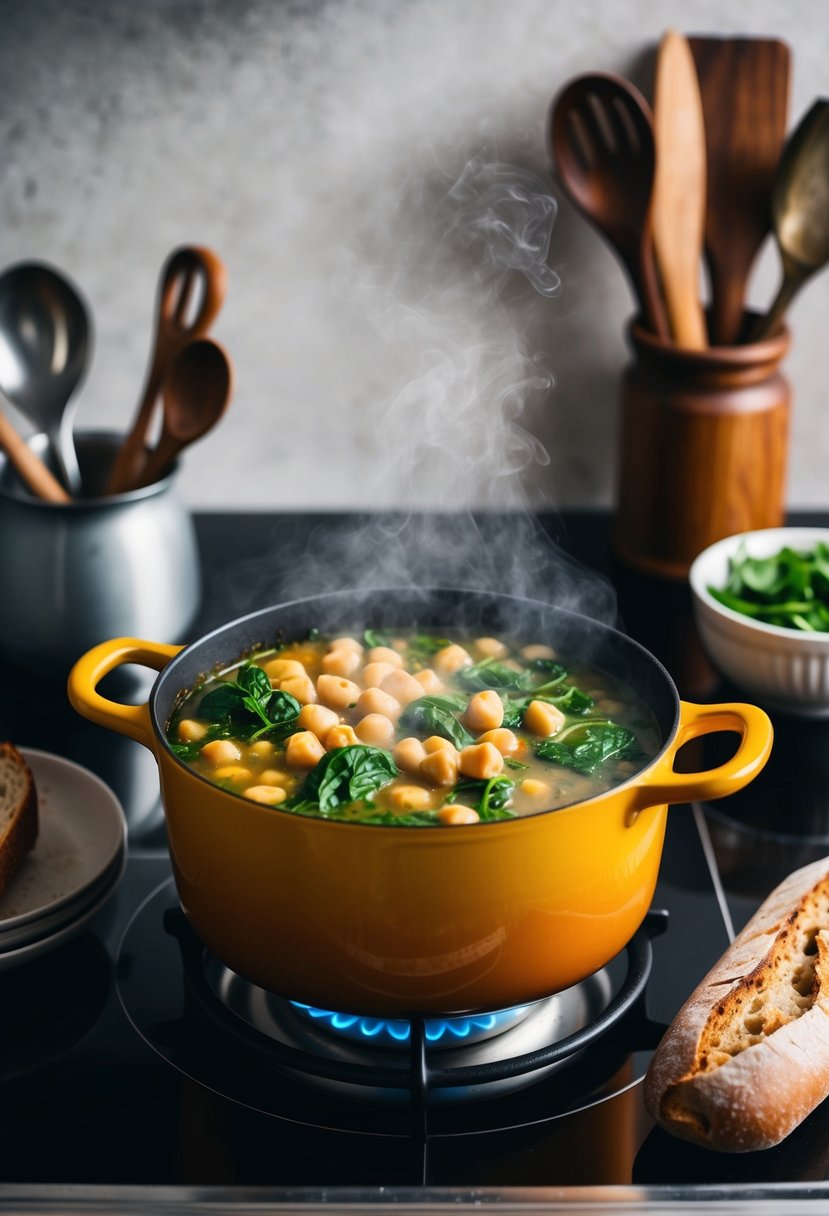 A steaming pot of hearty chickpea and spinach stew simmering on a stovetop, surrounded by rustic kitchen utensils and a loaf of crusty bread