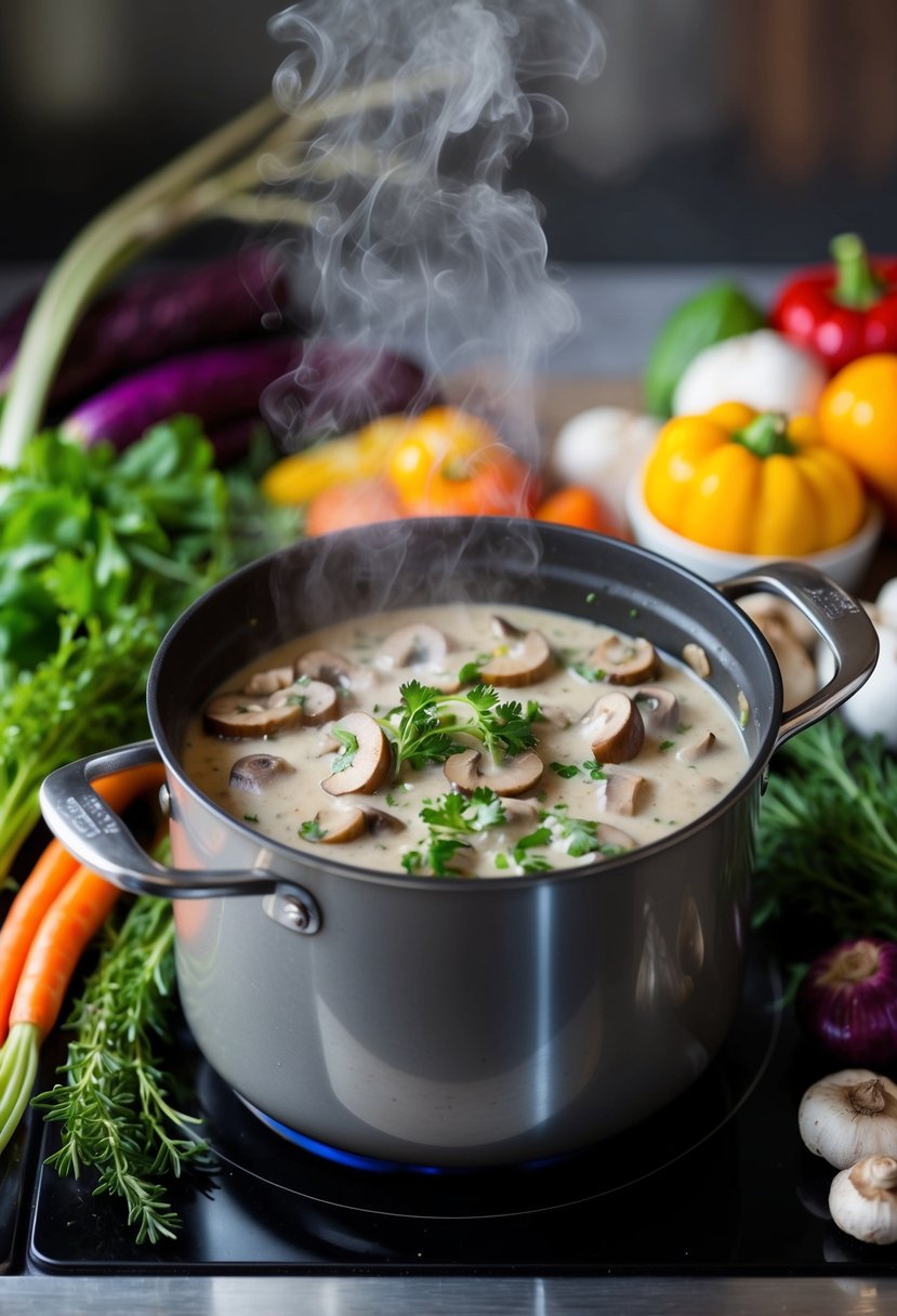 A steaming pot of creamy mushroom stroganoff simmering on a stove, surrounded by fresh herbs and colorful winter vegetables