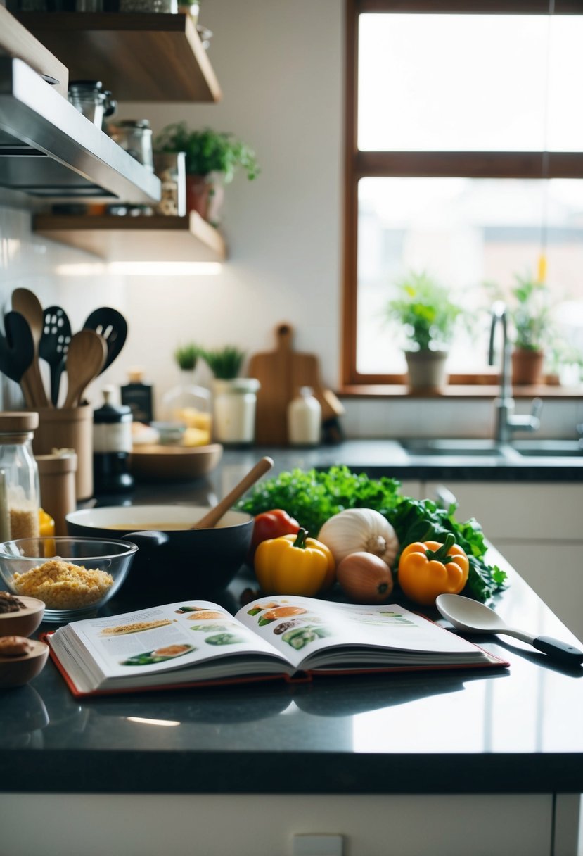 A kitchen counter with various ingredients, utensils, and a cookbook open to a page of Just One Cookbook recipes