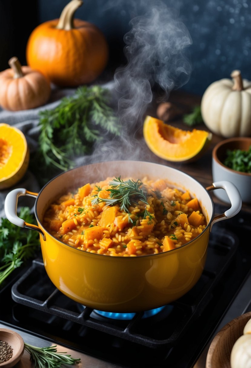 A steaming pot of butternut squash risotto simmering on a stove, surrounded by fresh herbs and vegetables, with a cozy winter backdrop