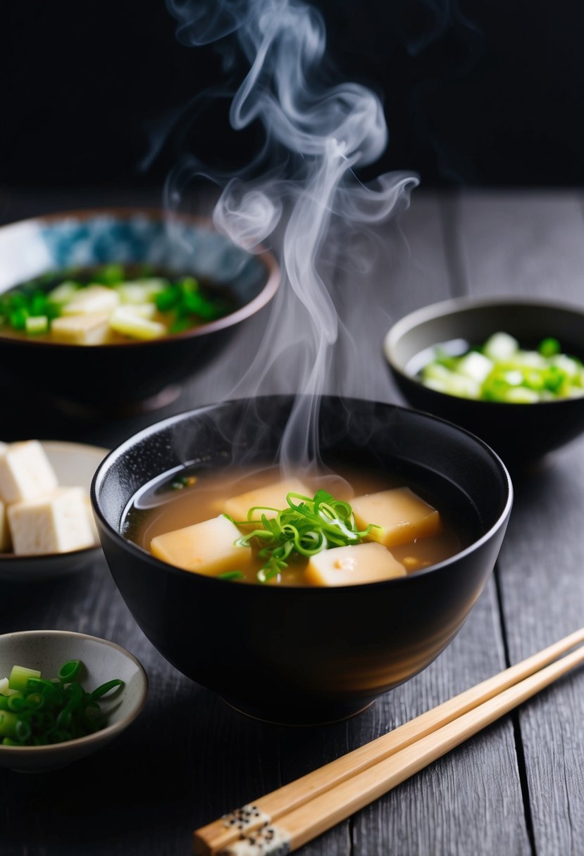 A steaming bowl of miso soup surrounded by chopsticks and a small dish of tofu and green onions