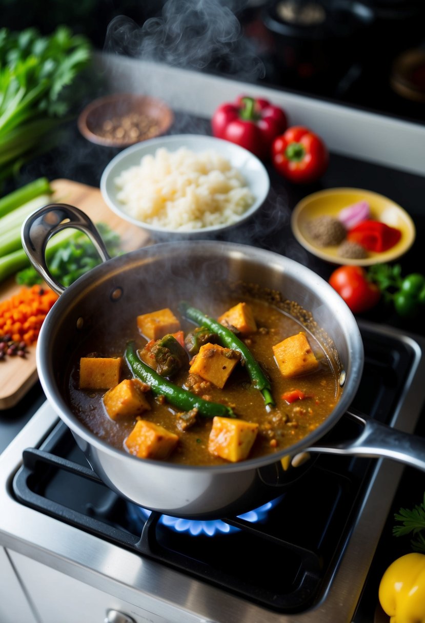 A steaming pot of Japanese curry simmers on a stove, surrounded by colorful vegetables and spices