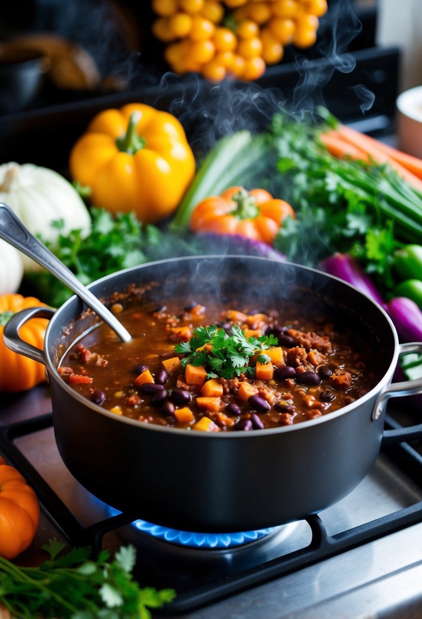 A steaming pot of smoky black bean chili simmers on a stove, surrounded by colorful winter vegetables and herbs