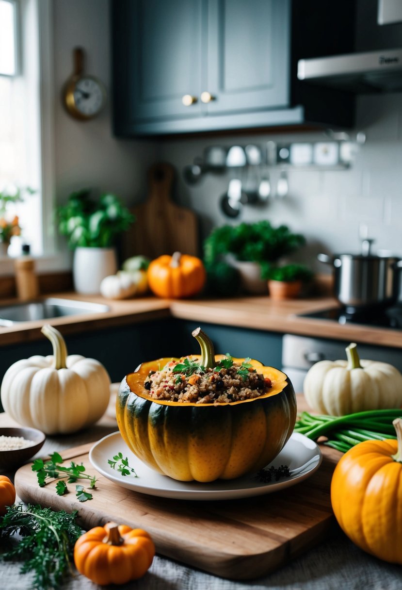 A cozy kitchen scene with a stuffed acorn squash and quinoa dish surrounded by winter vegetables and herbs