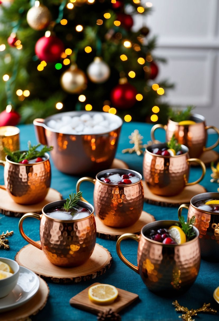 A festive table with various mule drink recipes, surrounded by holiday decorations and twinkling lights