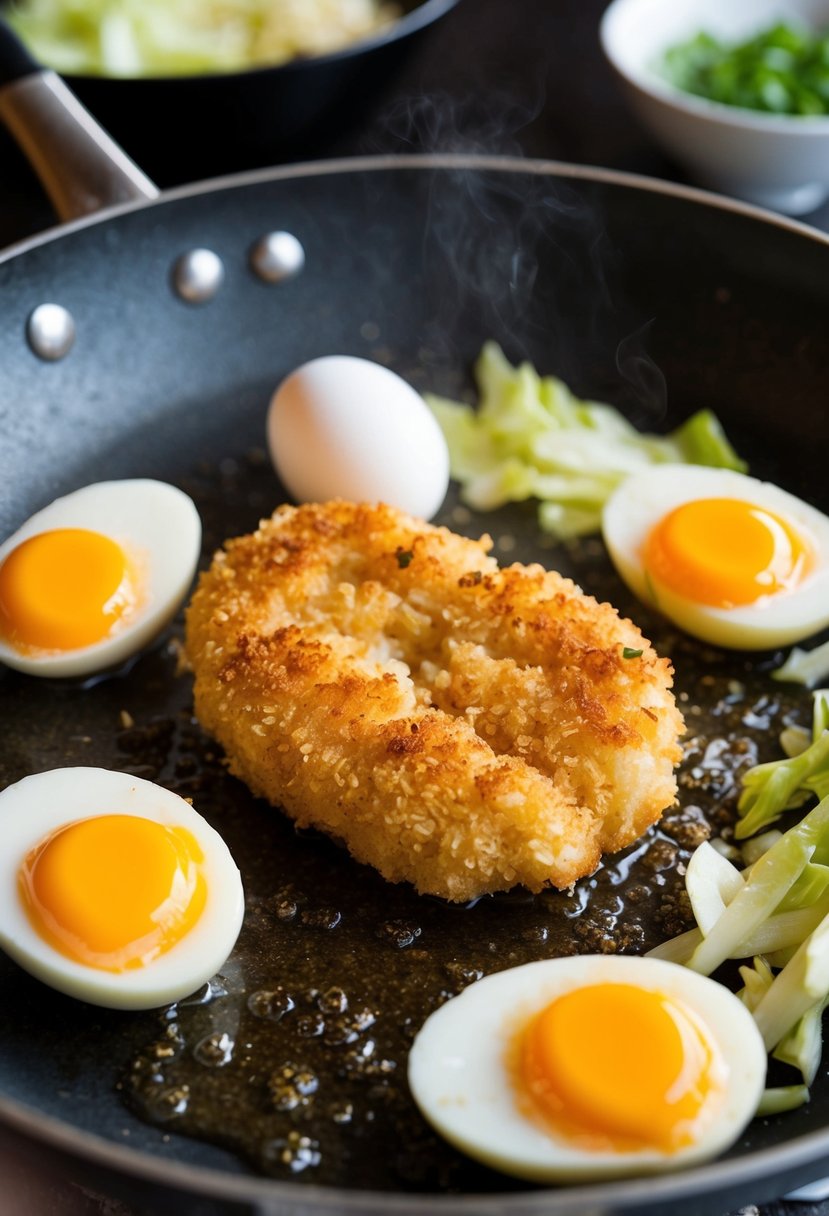 A sizzling tonkatsu cutlet frying in a pan, surrounded by ingredients like panko breadcrumbs, eggs, and cabbage