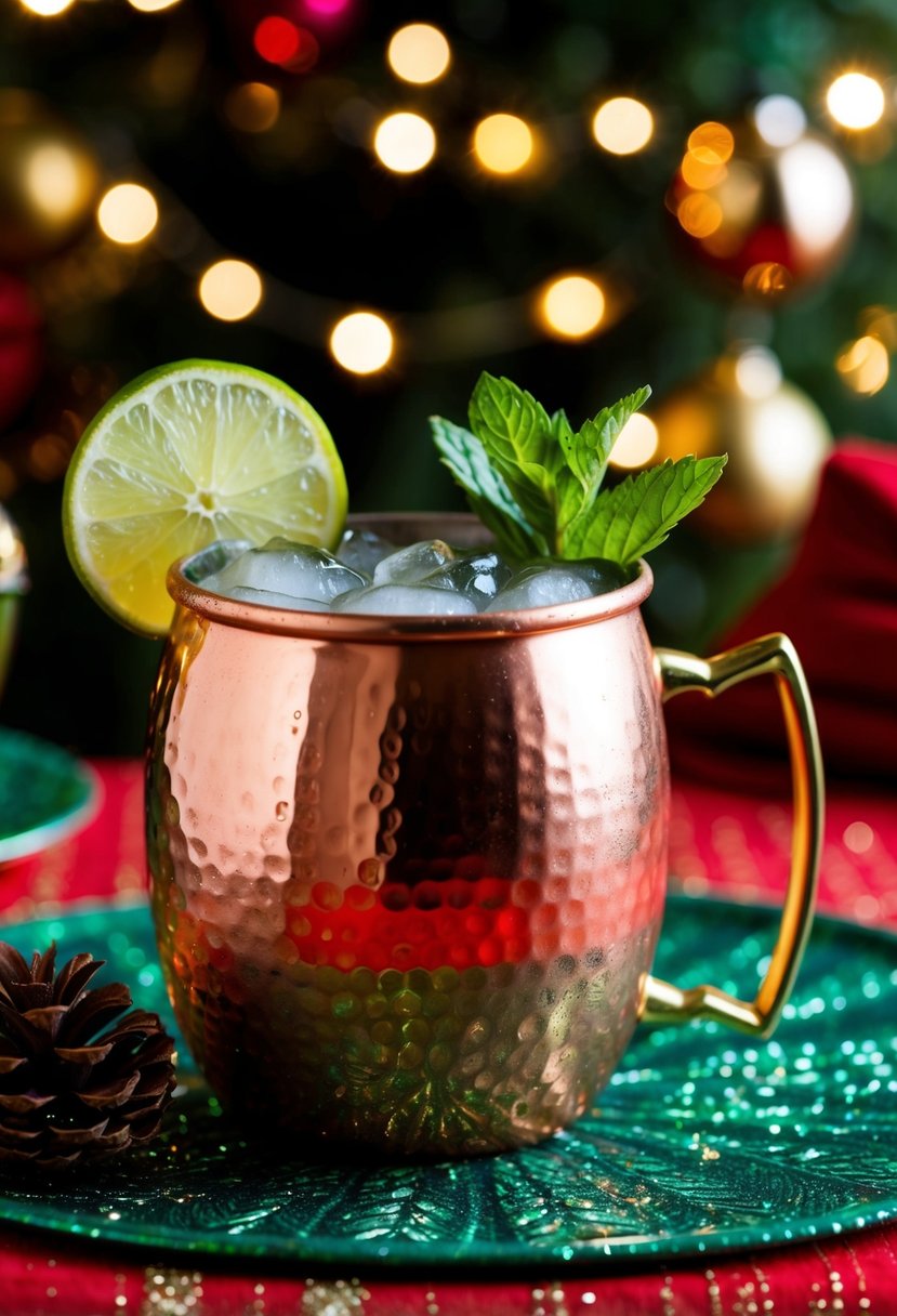 A copper mug filled with a classic Moscow Mule cocktail sits on a festive holiday table, garnished with a slice of lime and a sprig of mint