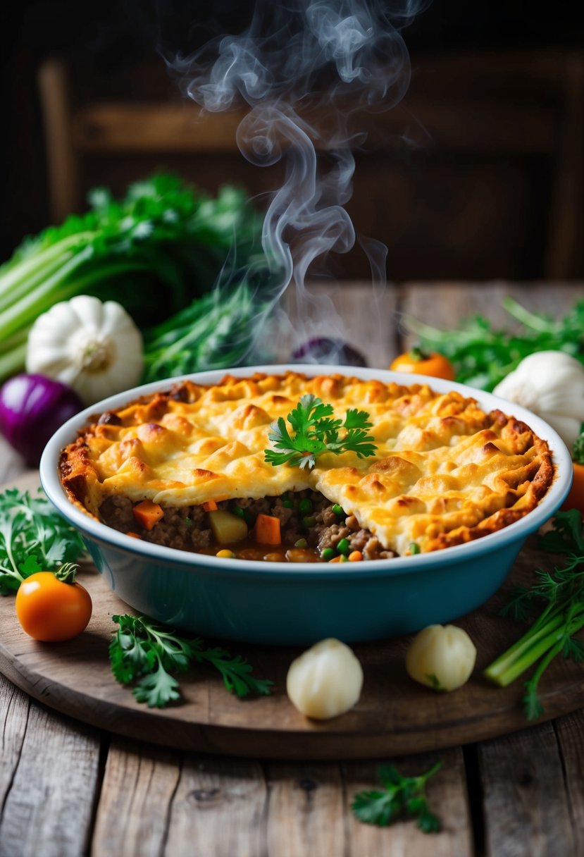 A steaming hot dish of vegan shepherd's pie surrounded by winter vegetables on a rustic wooden table