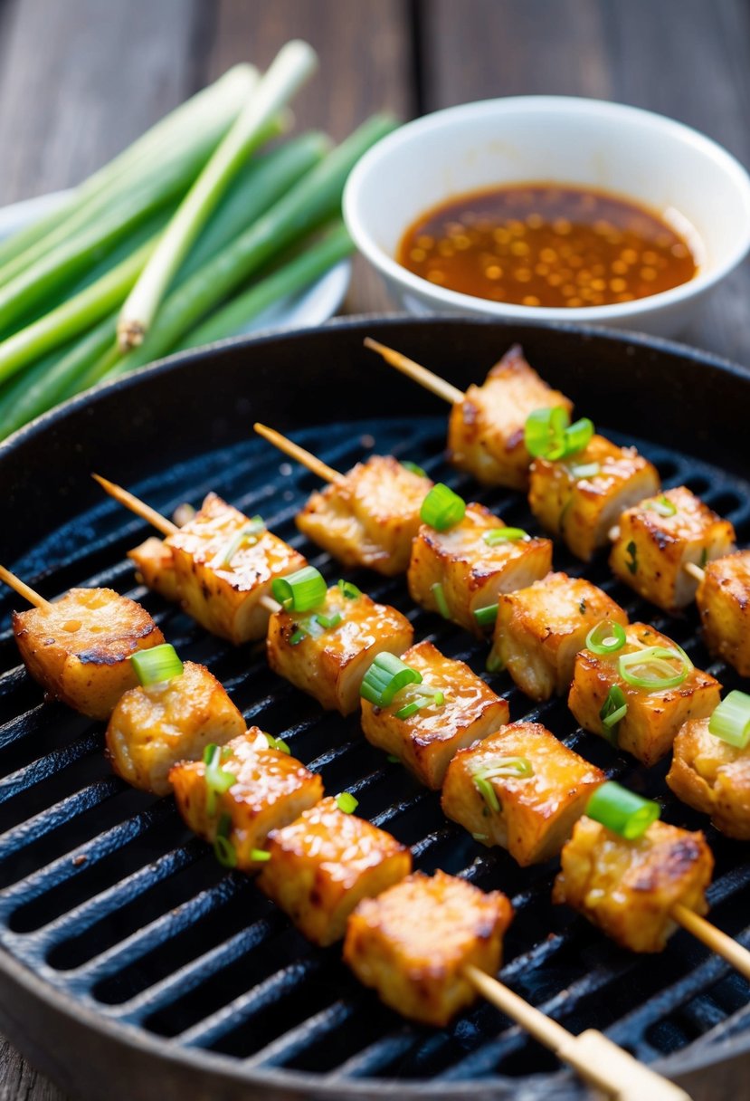 A sizzling grill with skewers of yakitori, garnished with green onions and served with a side of tare sauce