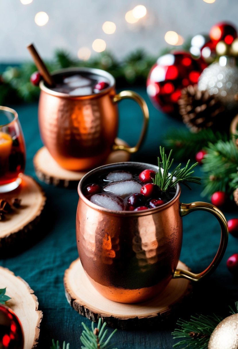 A festive table setting with a copper mug filled with a cranberry mule cocktail, surrounded by holiday decorations