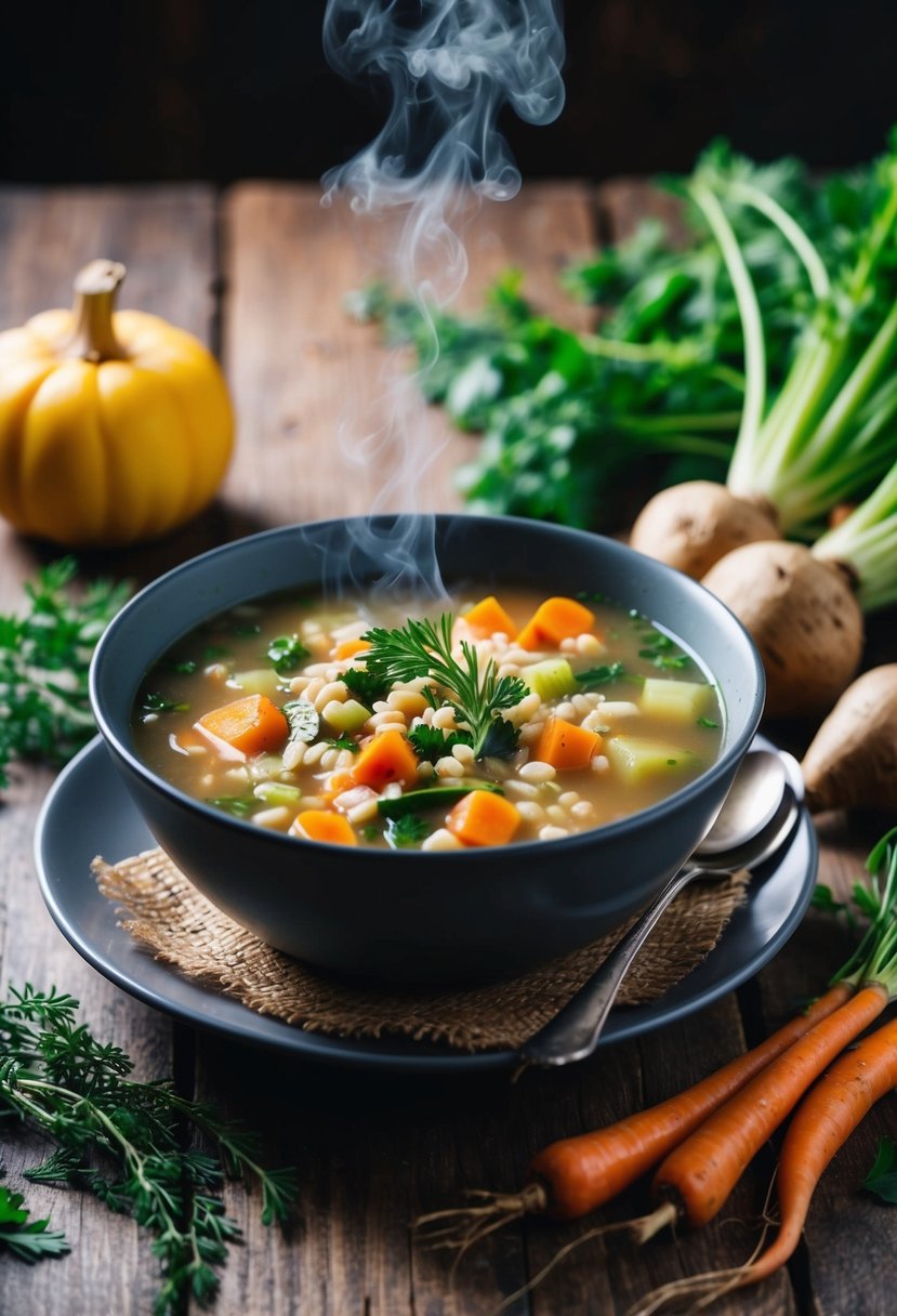 A steaming bowl of winter vegetable and barley soup sits on a rustic wooden table, surrounded by colorful root vegetables and herbs