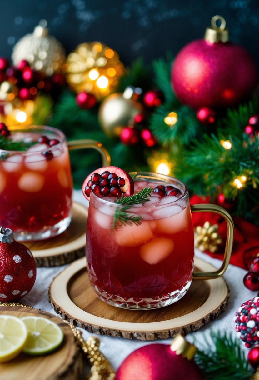 A festive table setting with a pomegranate ginger mule cocktail surrounded by holiday decorations